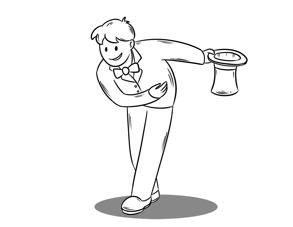 Mister Pen in Comic-Optik verneigt sich höflich mit gezogenem Zylinder