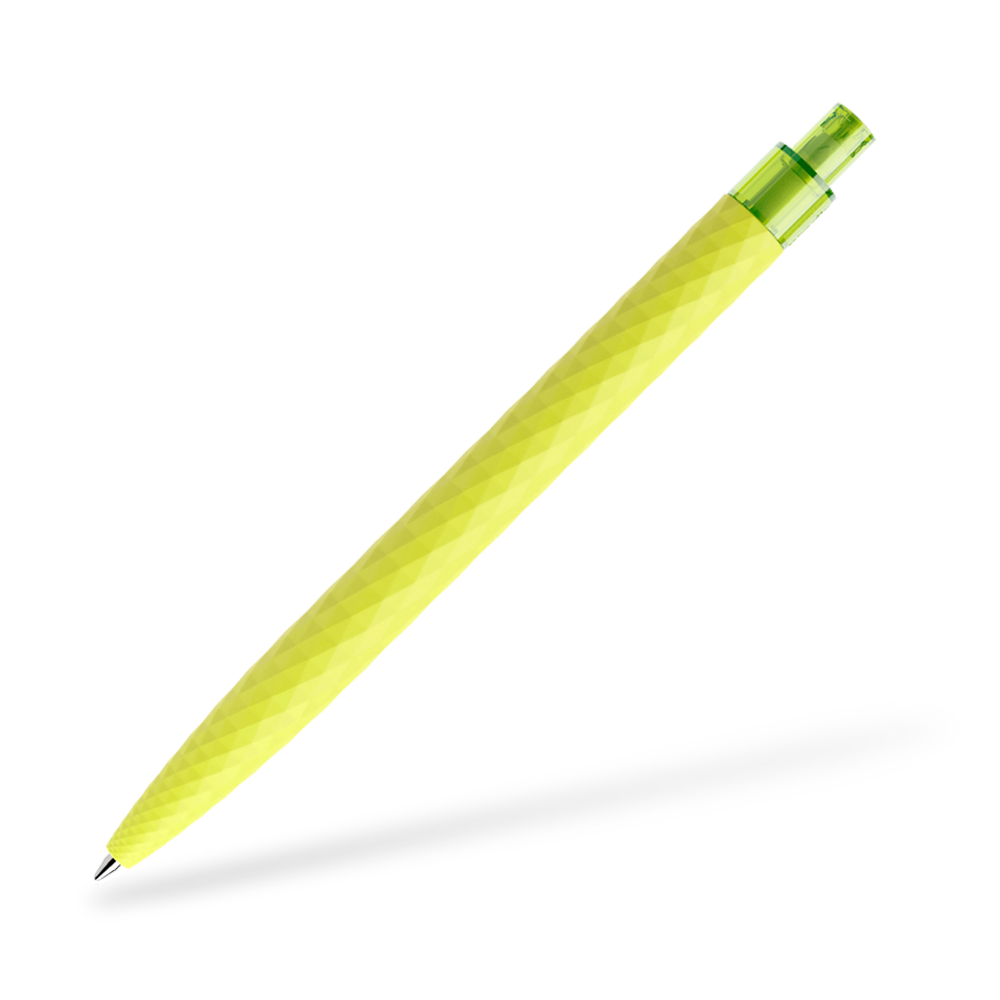 prodir QS01 Softtouch Kugelschreiber Seitenansicht Dunkelblau R62prodir QS01 Softtouch Kugelschreiber Frontansicht Gelbgrün R66