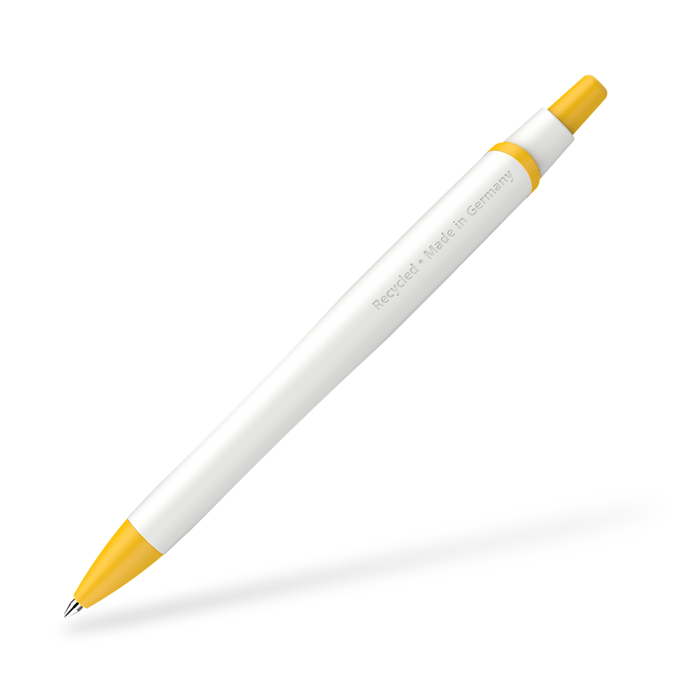 Schneider Reco Recycling Kugelschreiber Frontansicht Weiss-Gelb