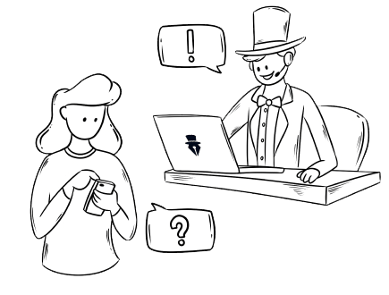 Mister Pen und Kunde in einer Comic-Zeichnung treten per Smartphone und Laptop in Kontakt. Serviceorientierte Kundenberatung.