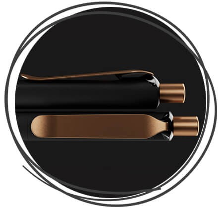 Nahaufnahme Clip prodir DS8 Kugelschreiber schwarz Softtouch Metallclip copper