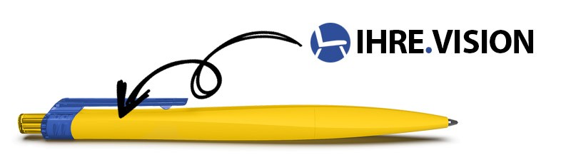 Gelber Kugelschreiber mit blauem Clip und Logodruck